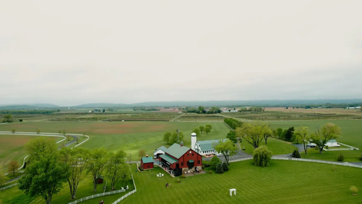 Aerial drone view of an event venue in the Maryland countryside